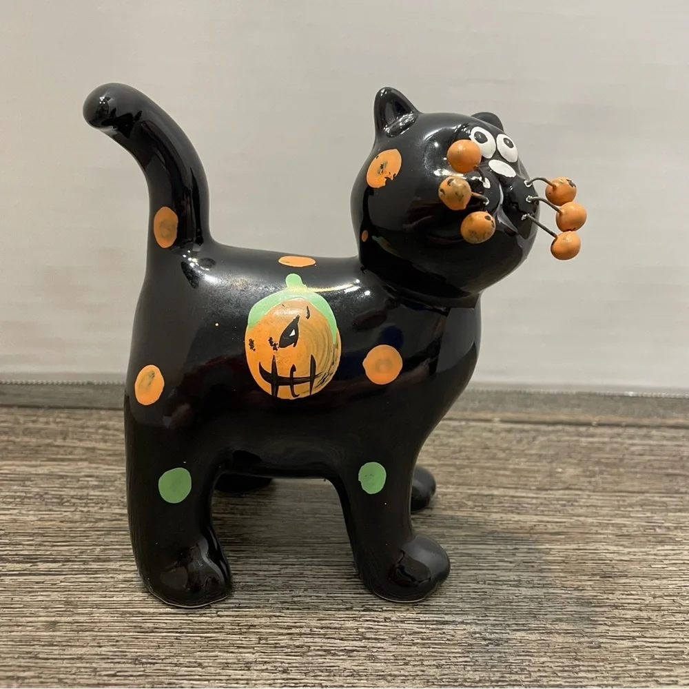 Halloween Black Cat Figurine. Whiskers wire ceramic. Whimsical. Pre-owned